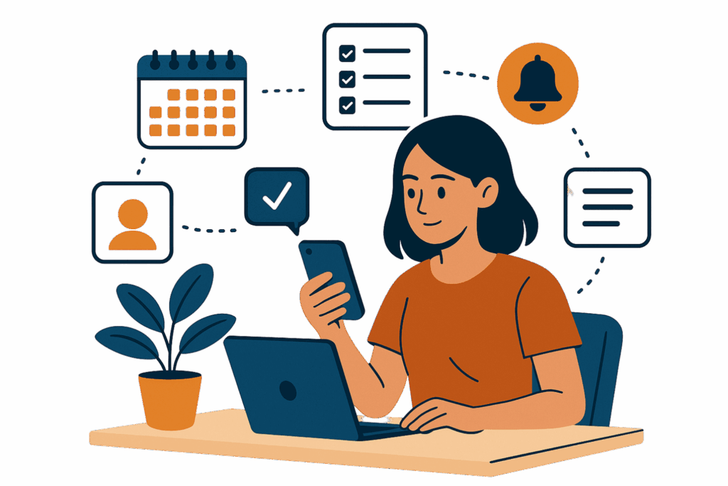 Pessoa organizando tarefas e anotações em aplicativos no celular para melhorar a vida digital.