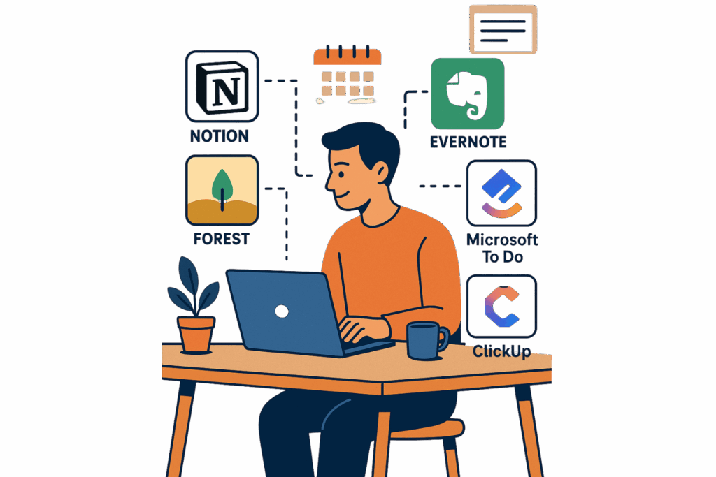 Pessoa usando notebook e celular com apps de produtividade abertos para organizar tarefas.