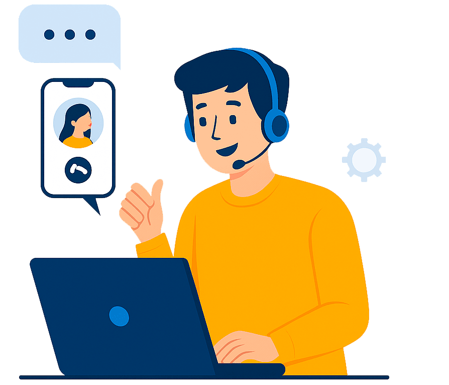 Ilustração de atendente com headset oferecendo suporte por computador e celular.