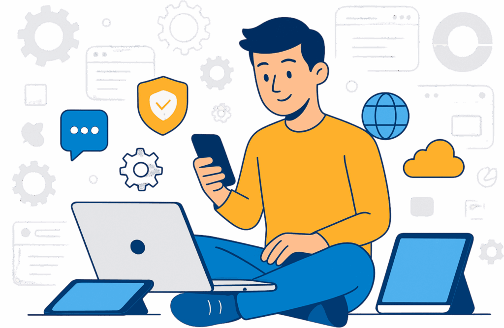 Ilustração de homem usando celular e notebook, representando dicas de tecnologia para o dia a dia digital.