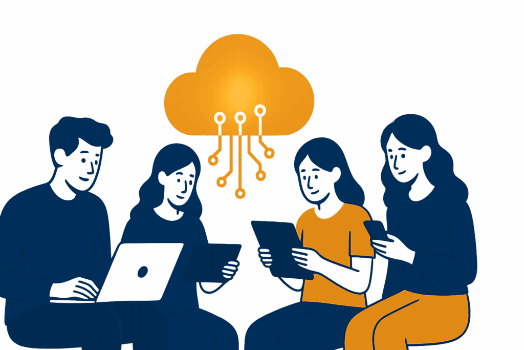 Jovens usando notebook, tablet e celular conectados à nuvem digital.