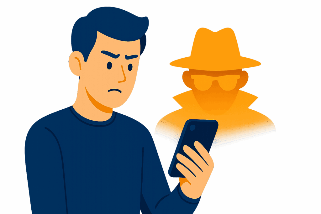 Ilustração de jovem desconfiado olhando o celular.